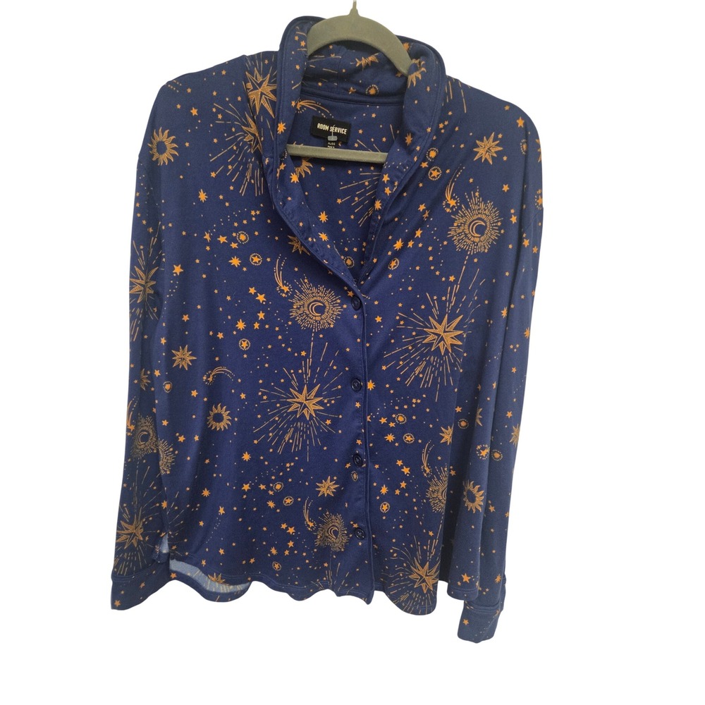 Room Service‎ Navy Blue Celestial Sun Moon Star Pajama Top XL Long Sleeve Sleep